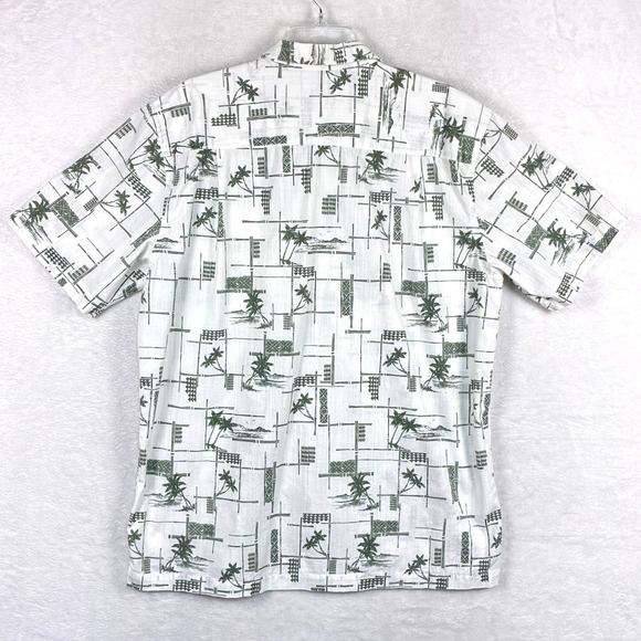 Quiksilver Waterman Hawaiian Camp Shirt Mens XXL White Green Palm AOP Tiki Aloha - Picture 5 of 9